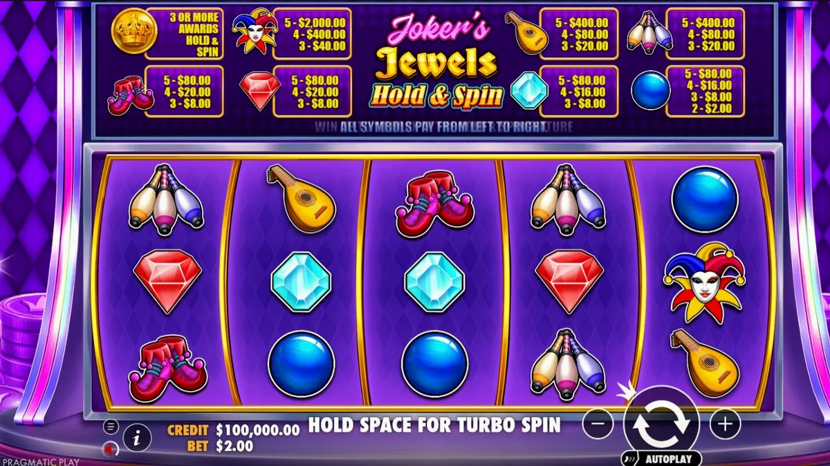Interface do jogo Joker’s Jewels Hold & Spin mostrando símbolos clássicos e o painel de bônus.